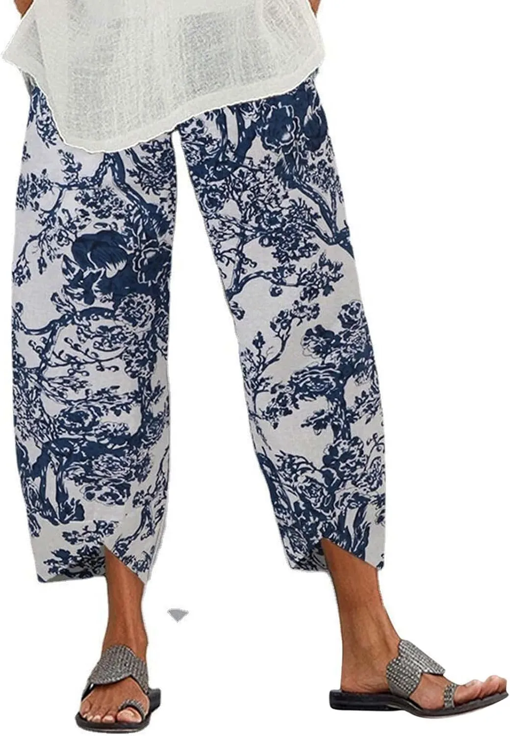Ceboyel Women Hawaii Linen Capris Pants Wide Leg Relax Fit Palazzo Pants Summer Casual Sweatpants Trousers Boho Outfits