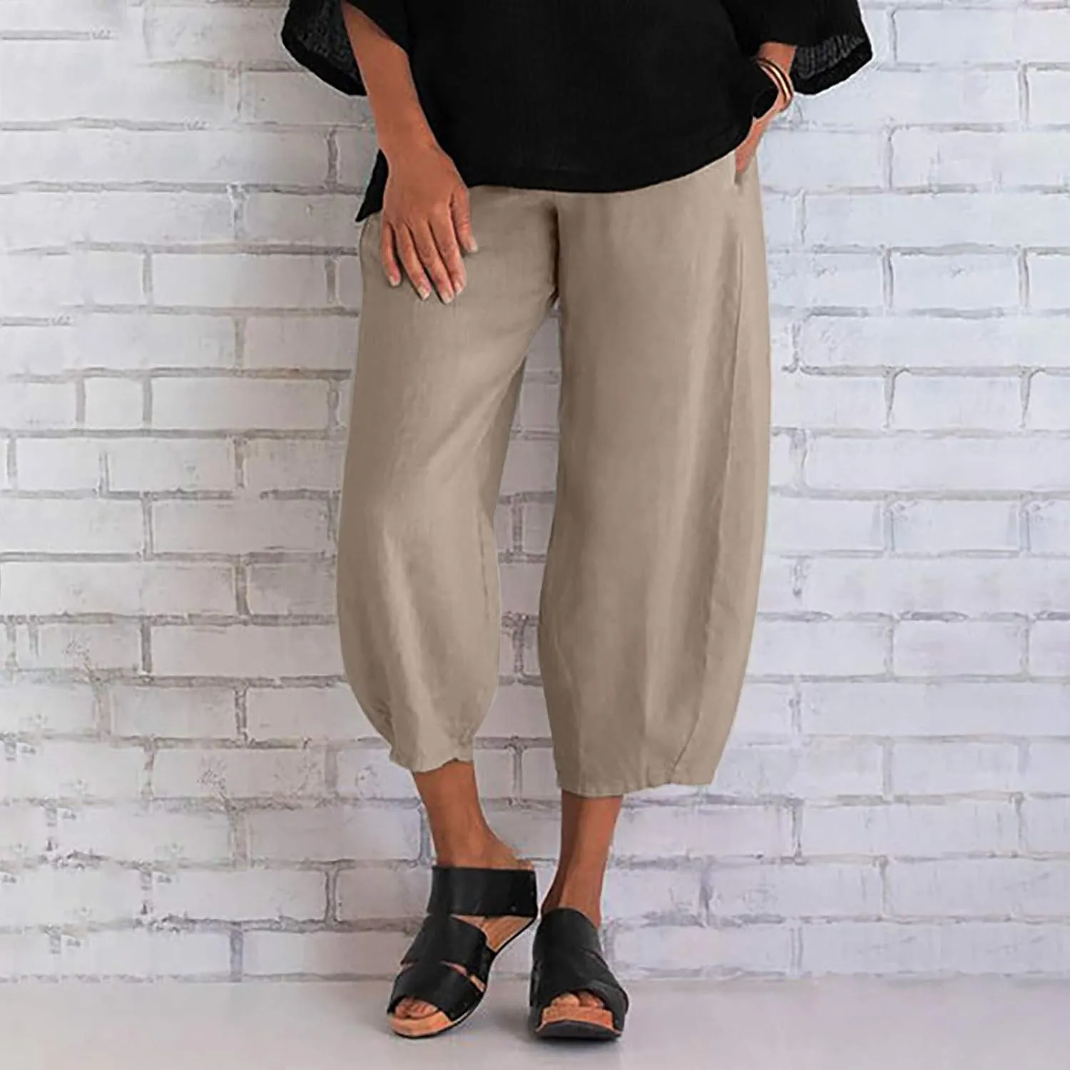 Ceboyel Women's Boho Casual Linen Pants Wide Leg Capri Pants Relax Fit Cute Baggy Pants Summer Beach Lounge Trousers 2023