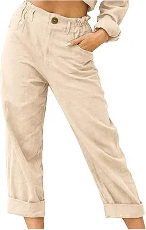 Ceboyel Women's Cotton Linen Capris Pants Straight Wide Leg Pants Summer Baggy Trouser Causal Relax Fit Trendy Outfits 2023