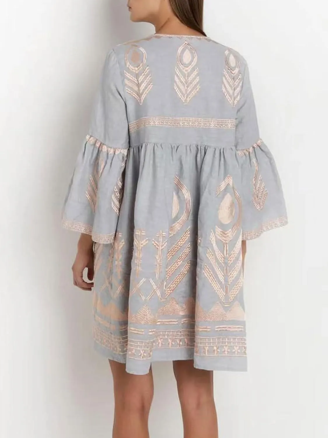 CHARTOU Women's V Neck Ruffle 3/4 Sleeve Babydoll Mini Dress Boho Beach Floral Summer Dress