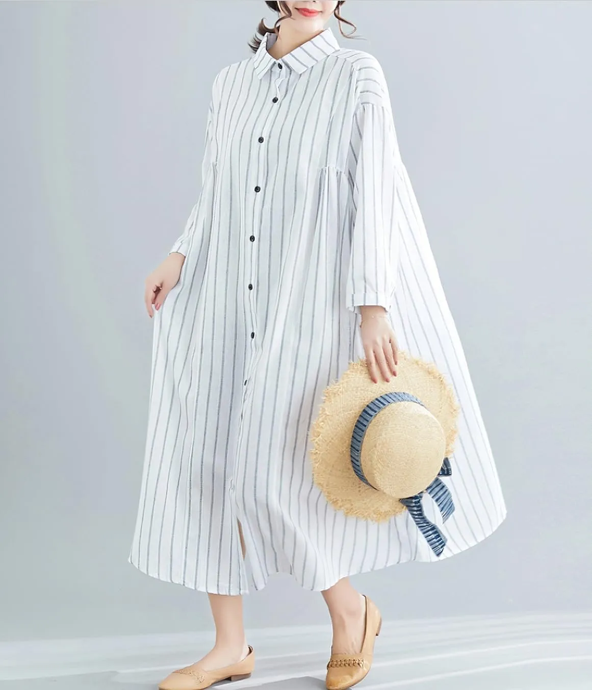 chouyatou Women's Cotton Linen Shirt Dress Striped Button Down Lapel Collared Shift Midi Dress with Pockets