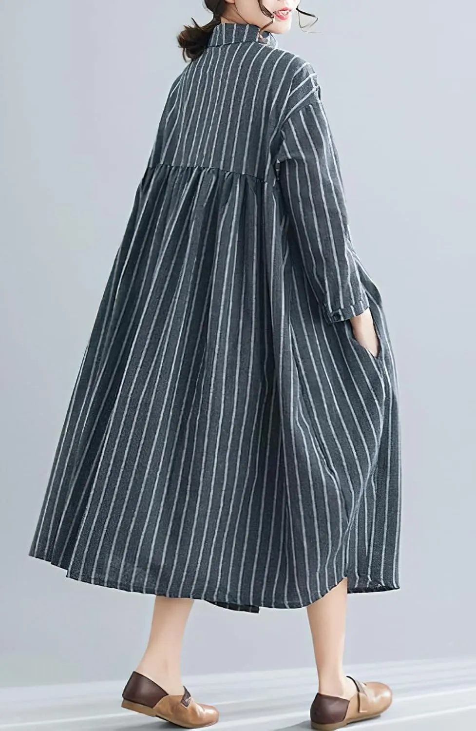 chouyatou Women's Cotton Linen Shirt Dress Striped Button Down Lapel Collared Shift Midi Dress with Pockets