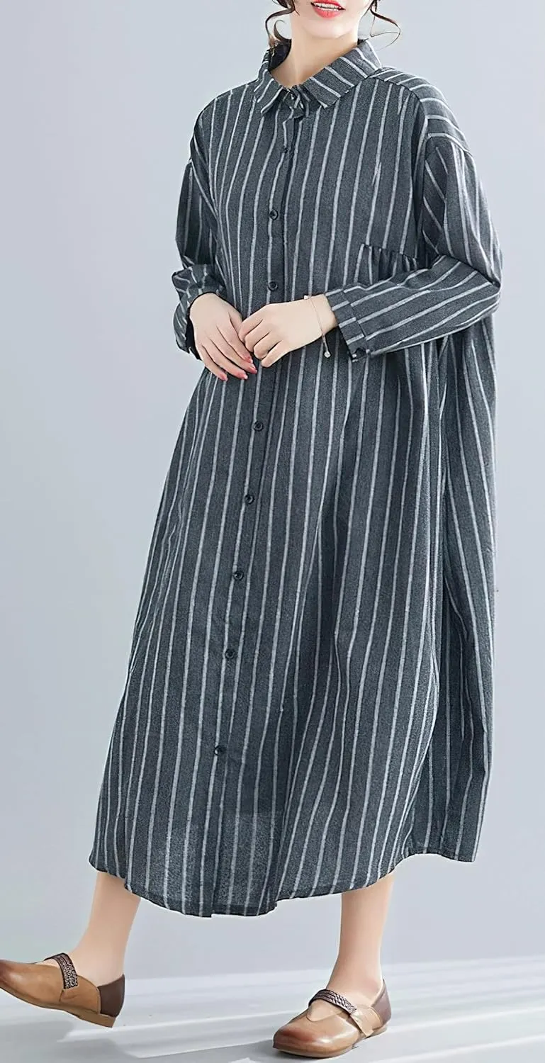 chouyatou Women's Cotton Linen Shirt Dress Striped Button Down Lapel Collared Shift Midi Dress with Pockets