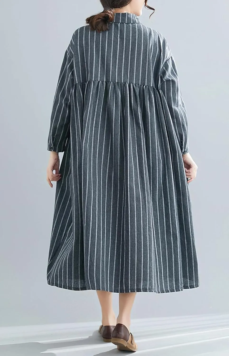 chouyatou Women's Cotton Linen Shirt Dress Striped Button Down Lapel Collared Shift Midi Dress with Pockets