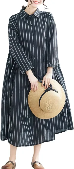 chouyatou Women's Cotton Linen Shirt Dress Striped Button Down Lapel Collared Shift Midi Dress with Pockets