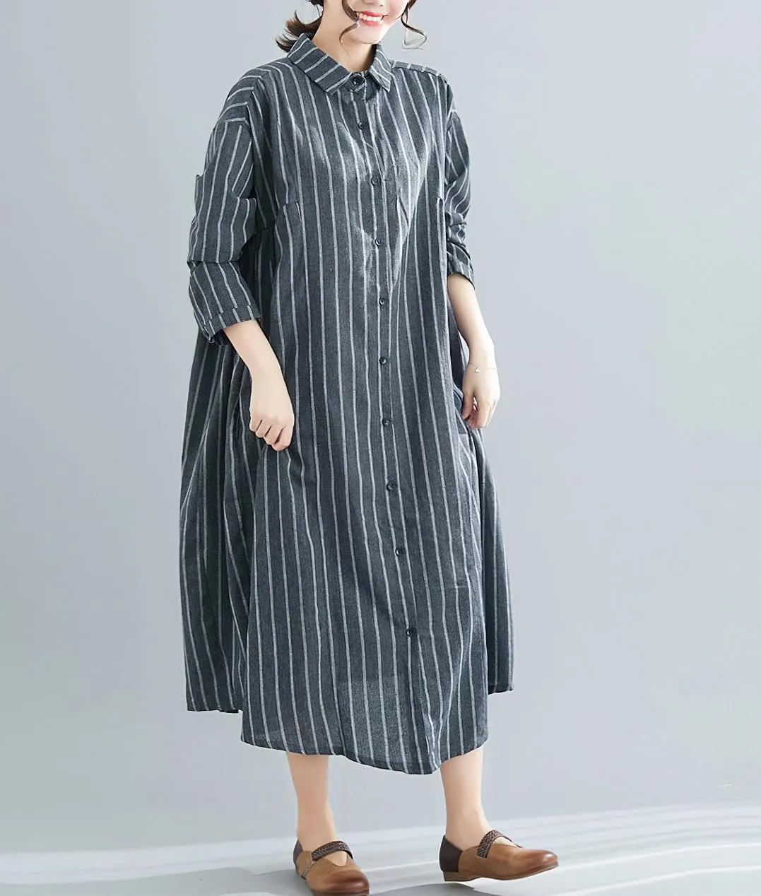 chouyatou Women's Cotton Linen Shirt Dress Striped Button Down Lapel Collared Shift Midi Dress with Pockets