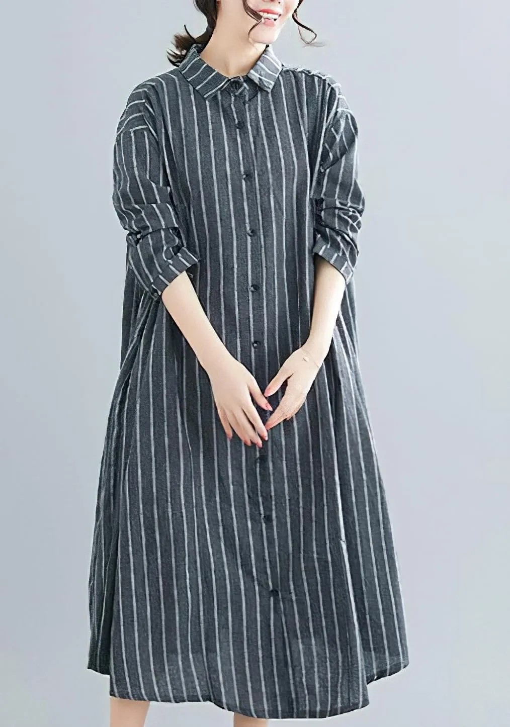 chouyatou Women's Cotton Linen Shirt Dress Striped Button Down Lapel Collared Shift Midi Dress with Pockets