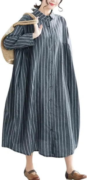 chouyatou Women's Cotton Linen Shirt Dress Striped Button Down Lapel Collared Shift Midi Dress with Pockets