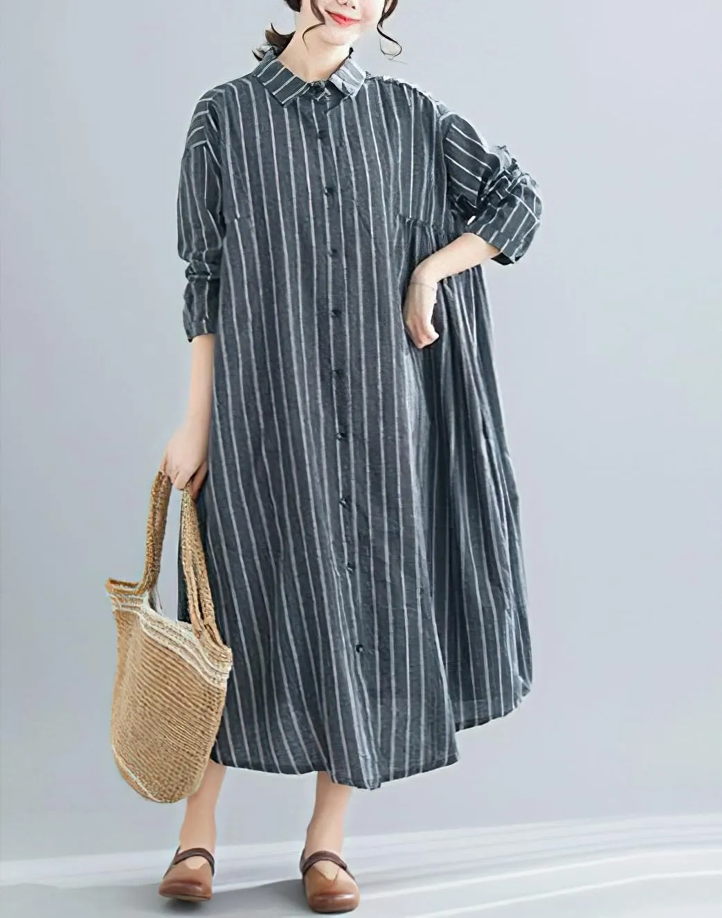 chouyatou Women's Cotton Linen Shirt Dress Striped Button Down Lapel Collared Shift Midi Dress with Pockets