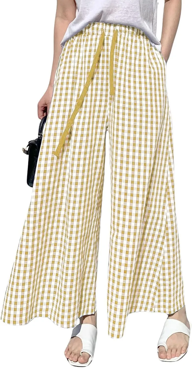 chouyatou Women's Plaid Wide Leg Culotte Pants Gingham High Elastic Waisted Cropped Palazzo Pants with Pockets