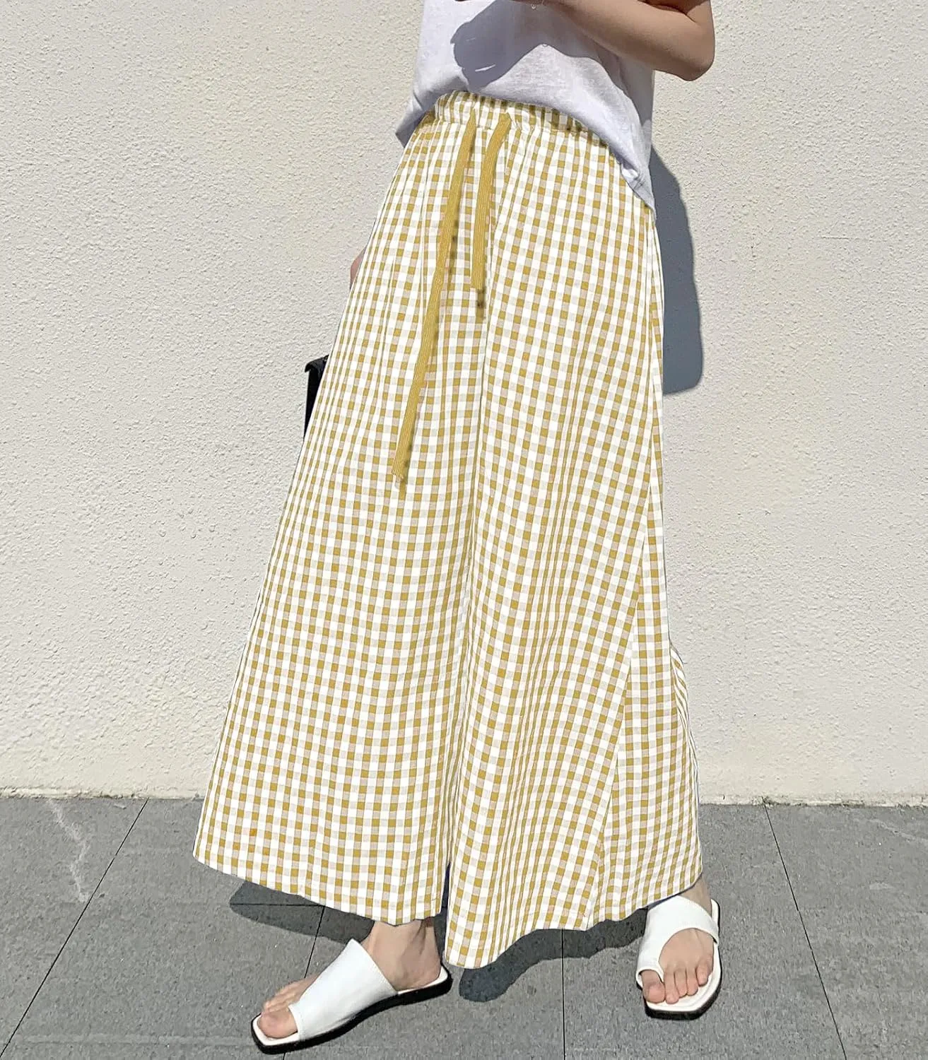 chouyatou Women's Plaid Wide Leg Culotte Pants Gingham High Elastic Waisted Cropped Palazzo Pants with Pockets