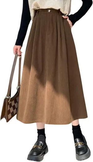 chouyatou Women's Vintage Corduroy A Line Skirt High Elastic Waist Pleated Swing Midi Long Skirt with Pockets