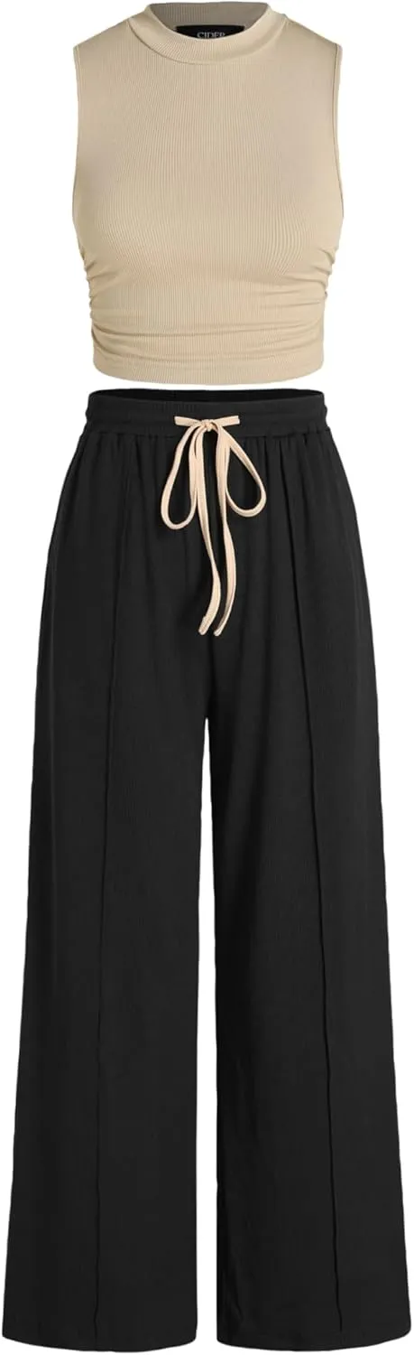 CIDER 2 Piece Sets for Women Summer Tracksuit Sleeveless Tank Tops & Wide Leg Pants Mactching Sets