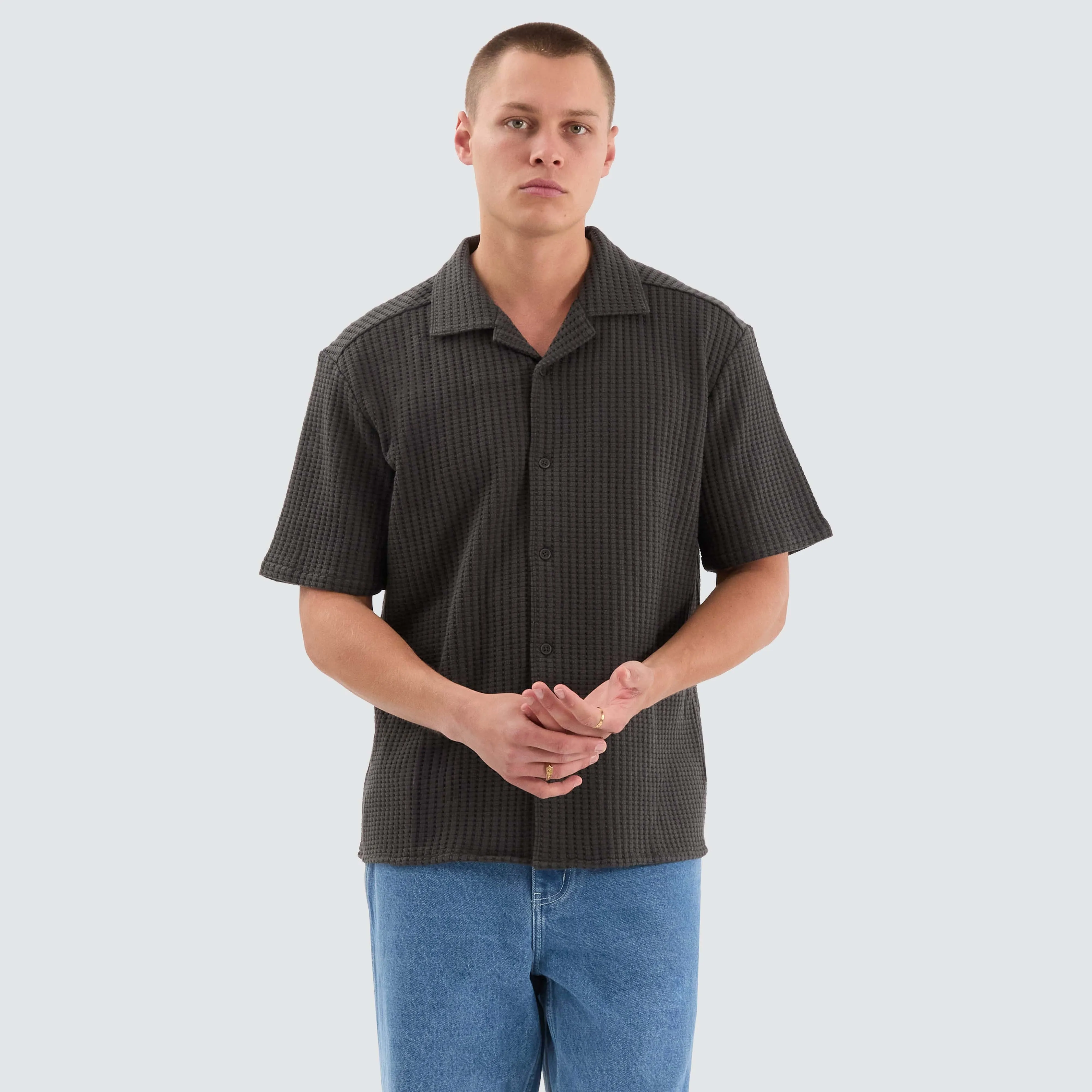 Cozy Knit Waffle Shirt Charcoal