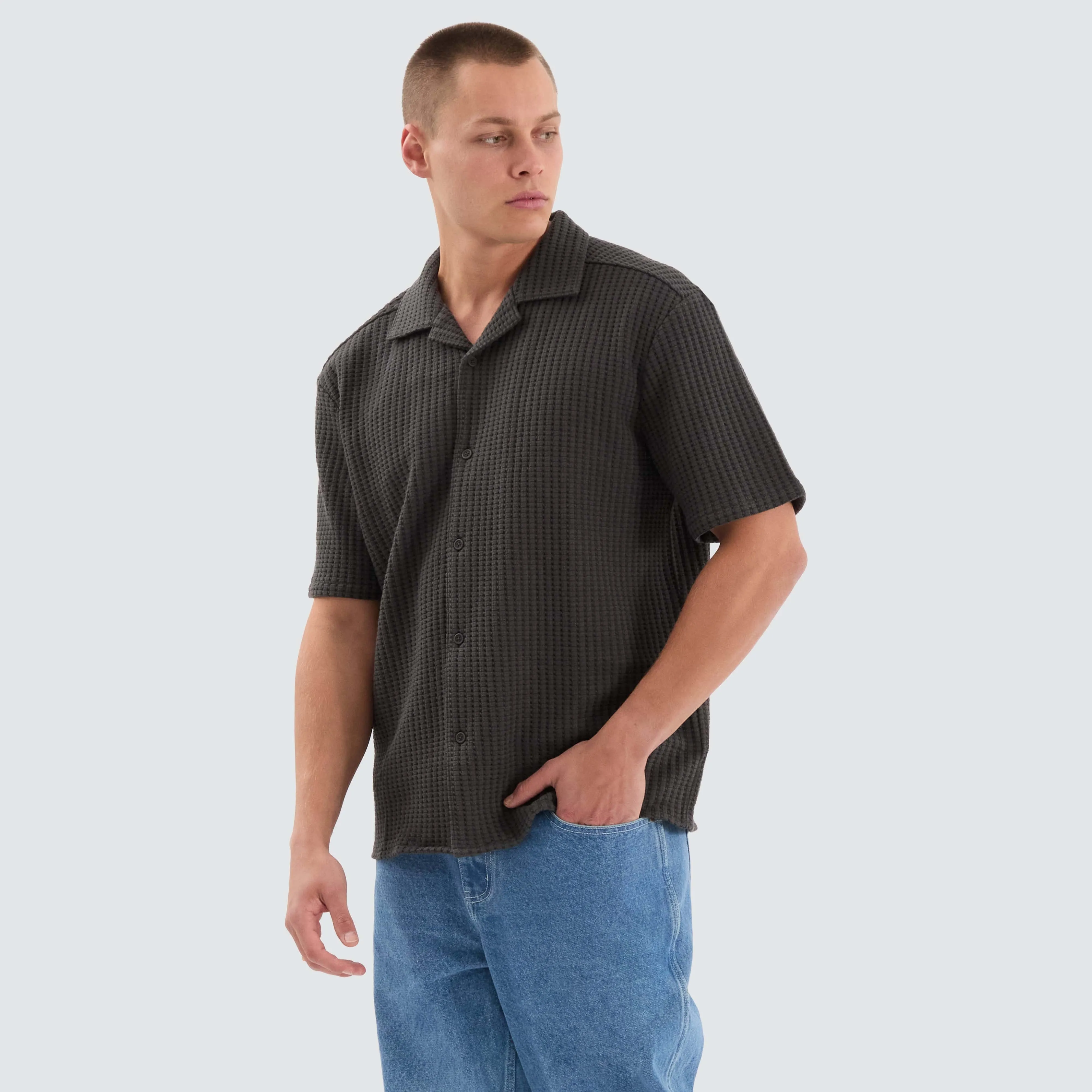 Cozy Knit Waffle Shirt Charcoal