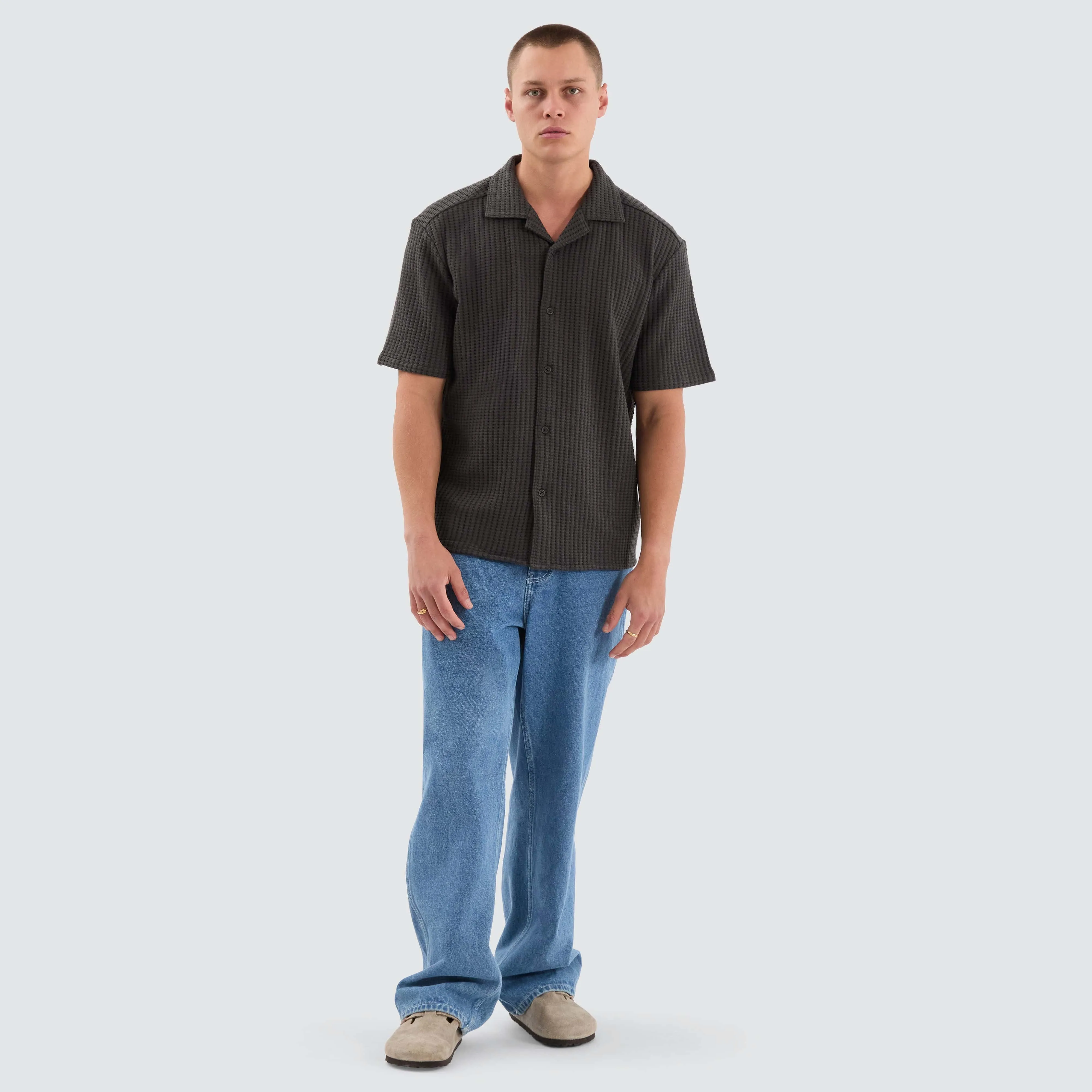 Cozy Knit Waffle Shirt Charcoal
