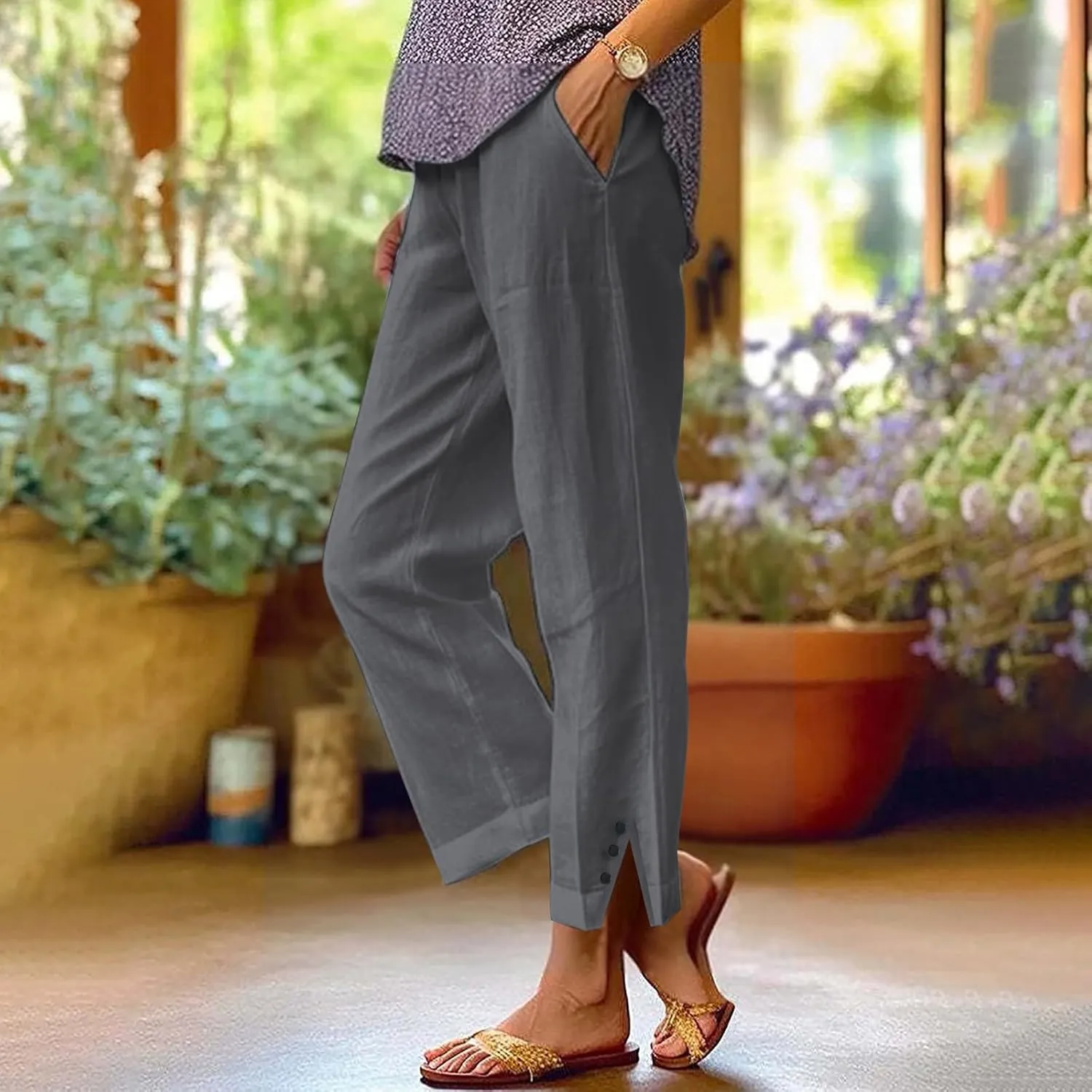 Cropped Linen Pants Women Summer Elastic Waist Straight Leg Plus Size Crop Pants Casual Beach Trousers with Pockets