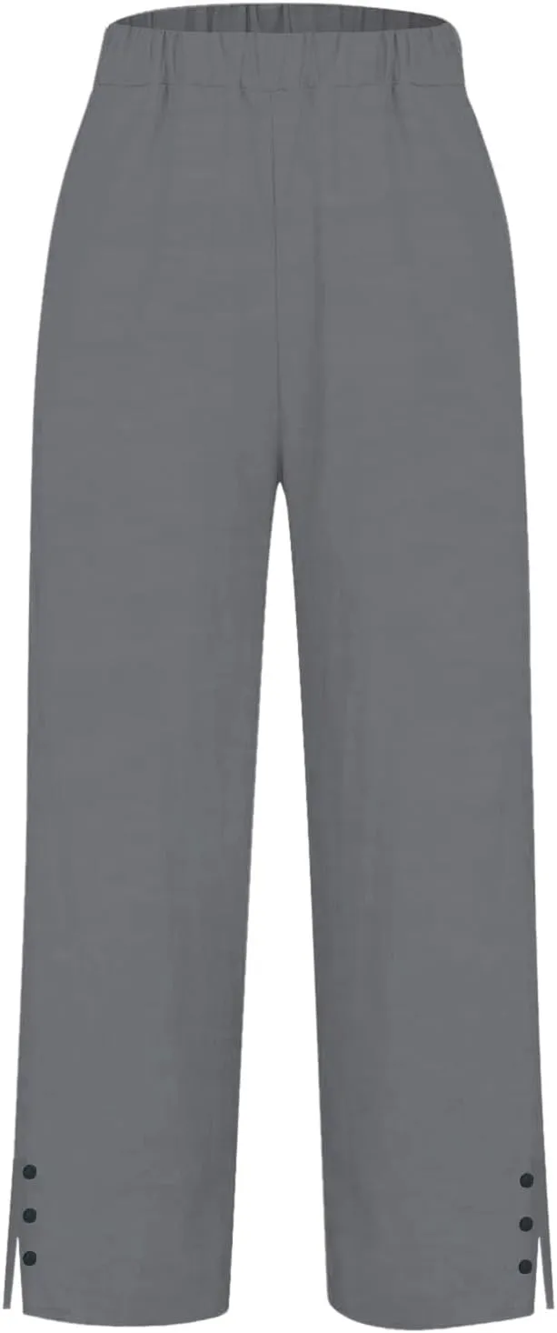 Cropped Linen Pants Women Summer Elastic Waist Straight Leg Plus Size Crop Pants Casual Beach Trousers with Pockets