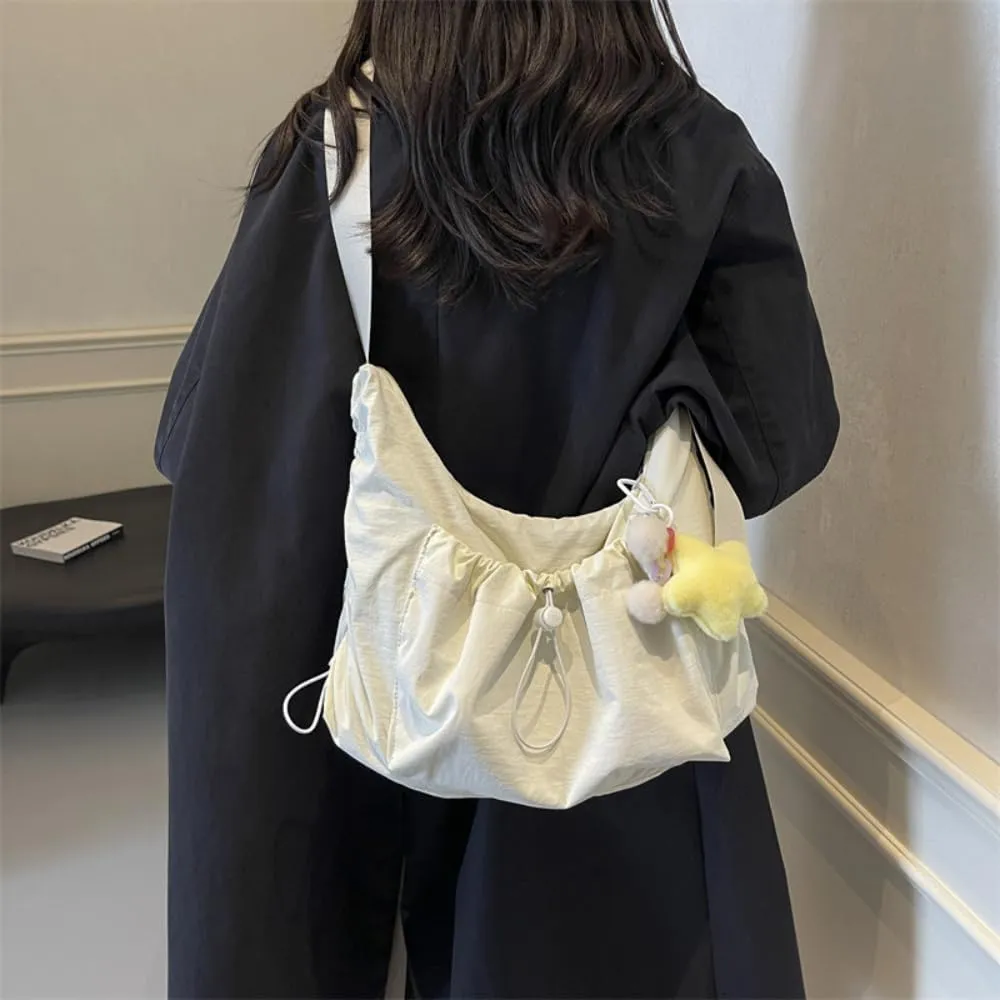 Crossbody Bags Casual Nylon Hobo Bag Lightweight Large Capacity Crescent Bag Aesthetic Dumpling Bag with Cute Pendant (White)