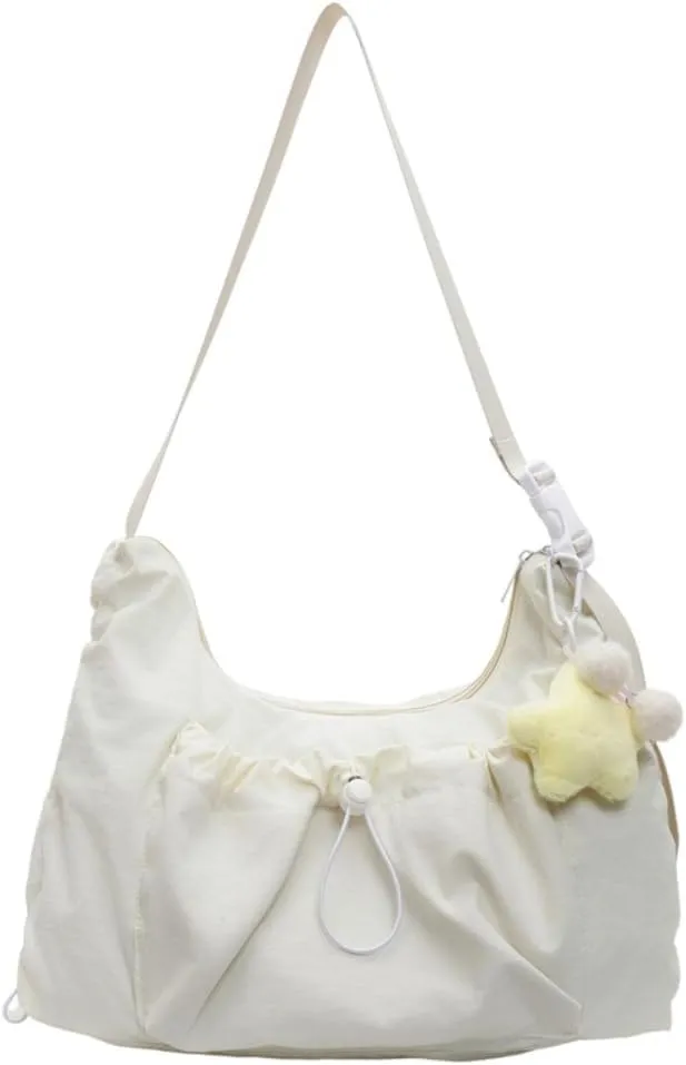 Crossbody Bags Casual Nylon Hobo Bag Lightweight Large Capacity Crescent Bag Aesthetic Dumpling Bag with Cute Pendant (White)