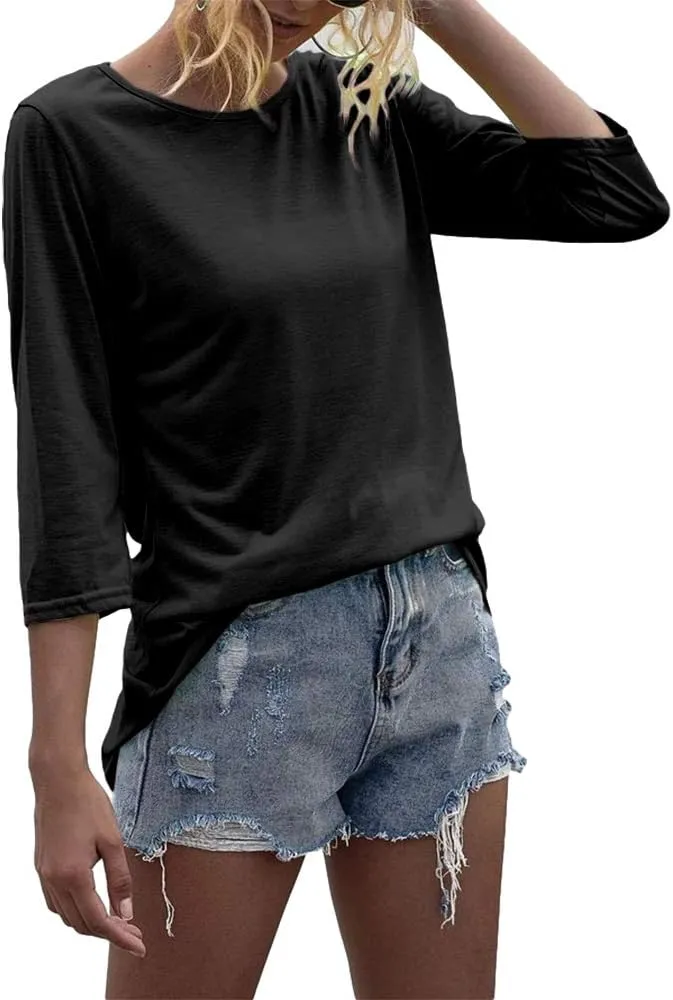 Danedvi Women Fashion O-Neck 3/4 Sleeve T Shirt Solid Casual Basic Tops