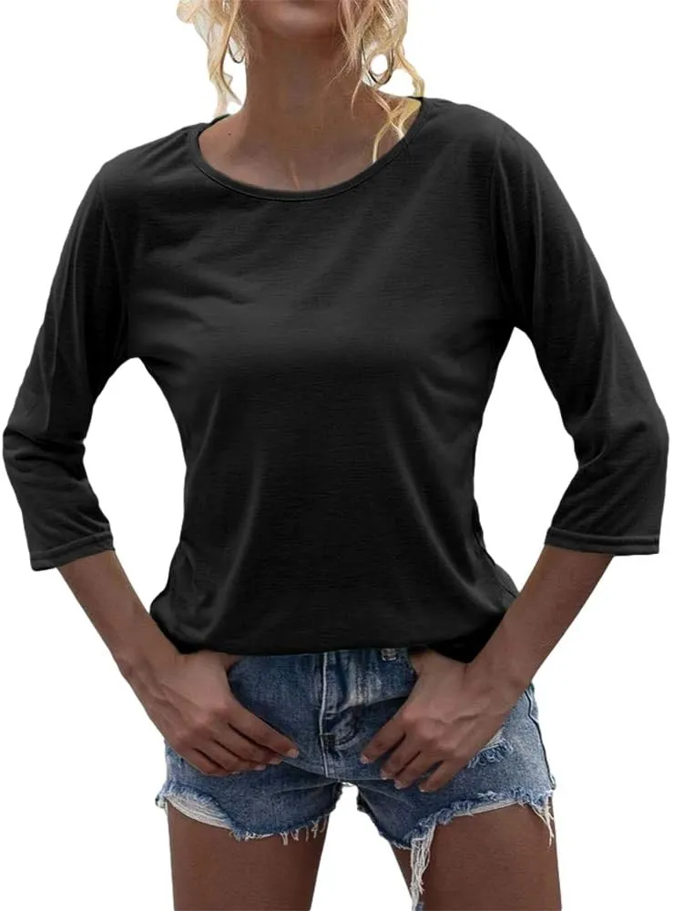 Danedvi Women Fashion O-Neck 3/4 Sleeve T Shirt Solid Casual Basic Tops
