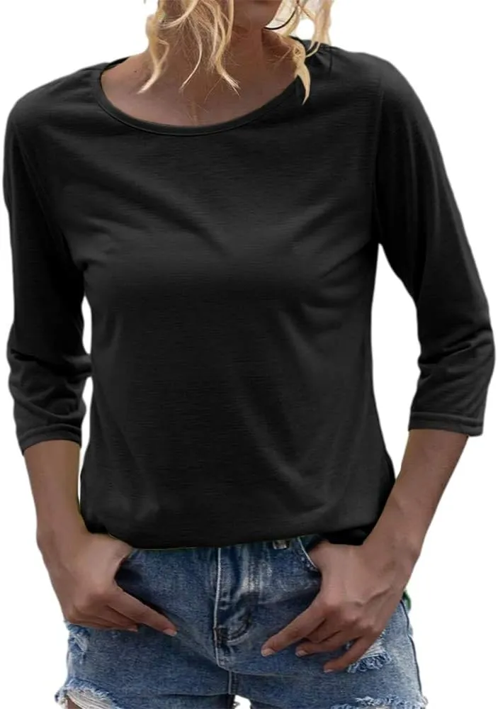 Danedvi Women Fashion O-Neck 3/4 Sleeve T Shirt Solid Casual Basic Tops