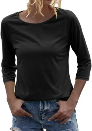 Danedvi Women Fashion O-Neck 3/4 Sleeve T Shirt Solid Casual Basic Tops