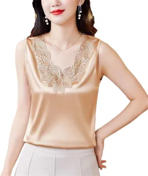 Dbdkejj Women Summer Diamond Embroidery Vest Satin Sleeveless Camisole