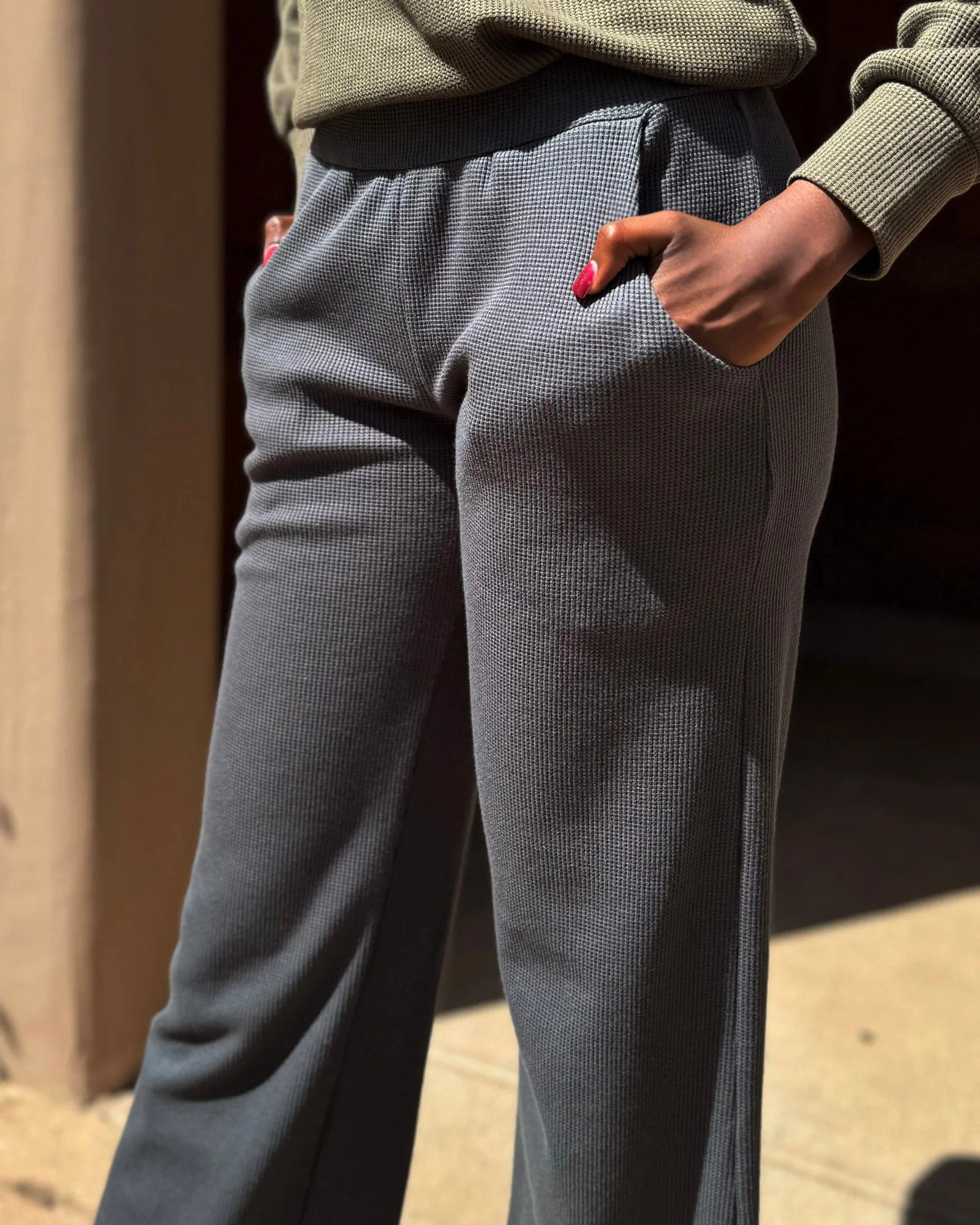 DESERT waffle knit high-rise pants in Charcoal Blue (Tall Length)