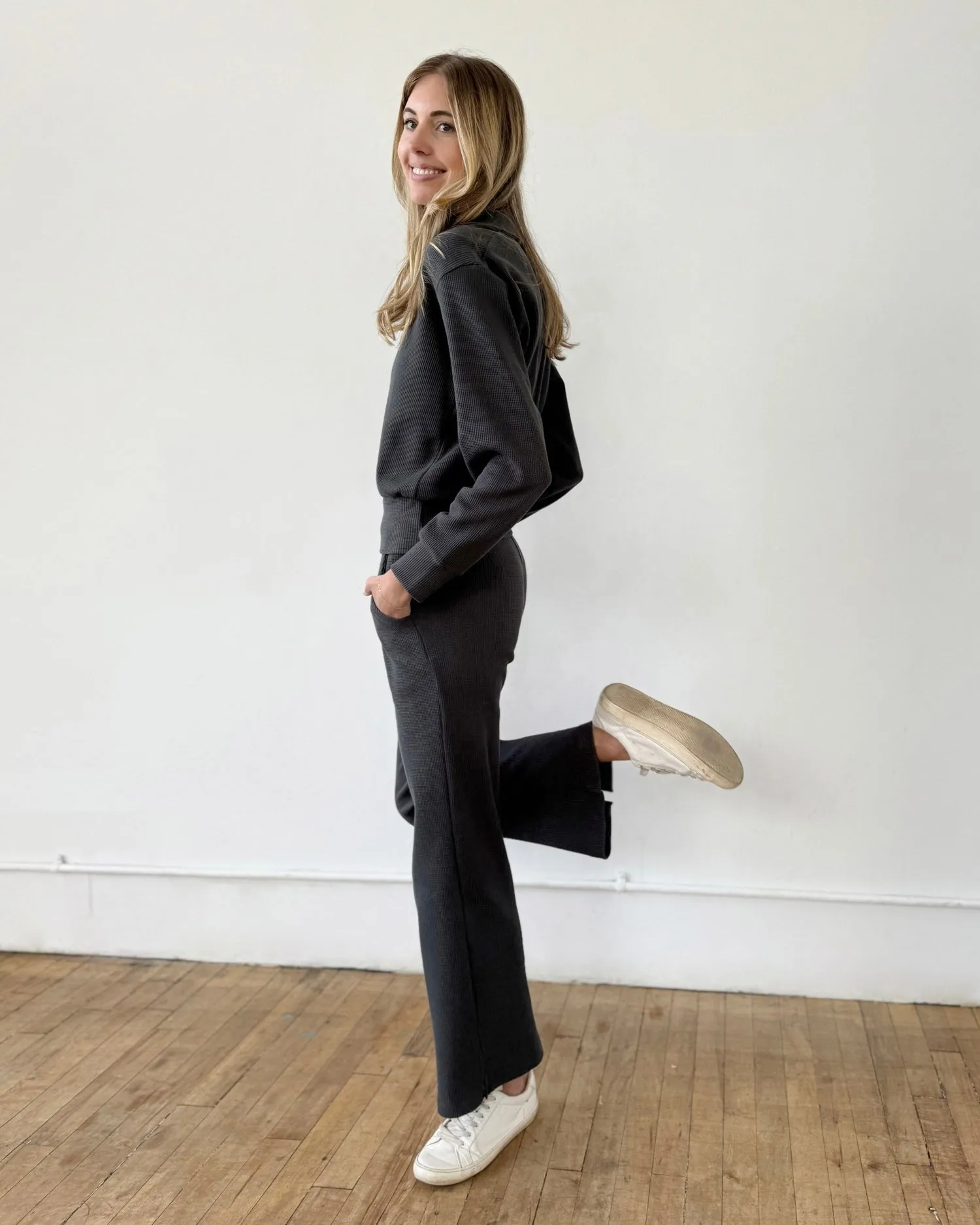 DESERT waffle knit high-rise pants in Charcoal Blue (Tall Length)