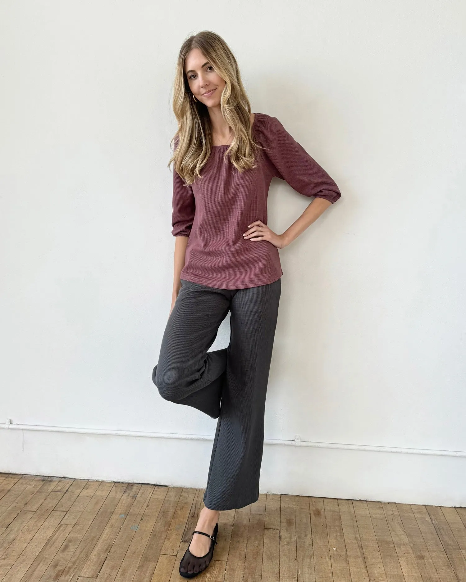 DESERT waffle knit high-rise pants in Charcoal Blue (Tall Length)