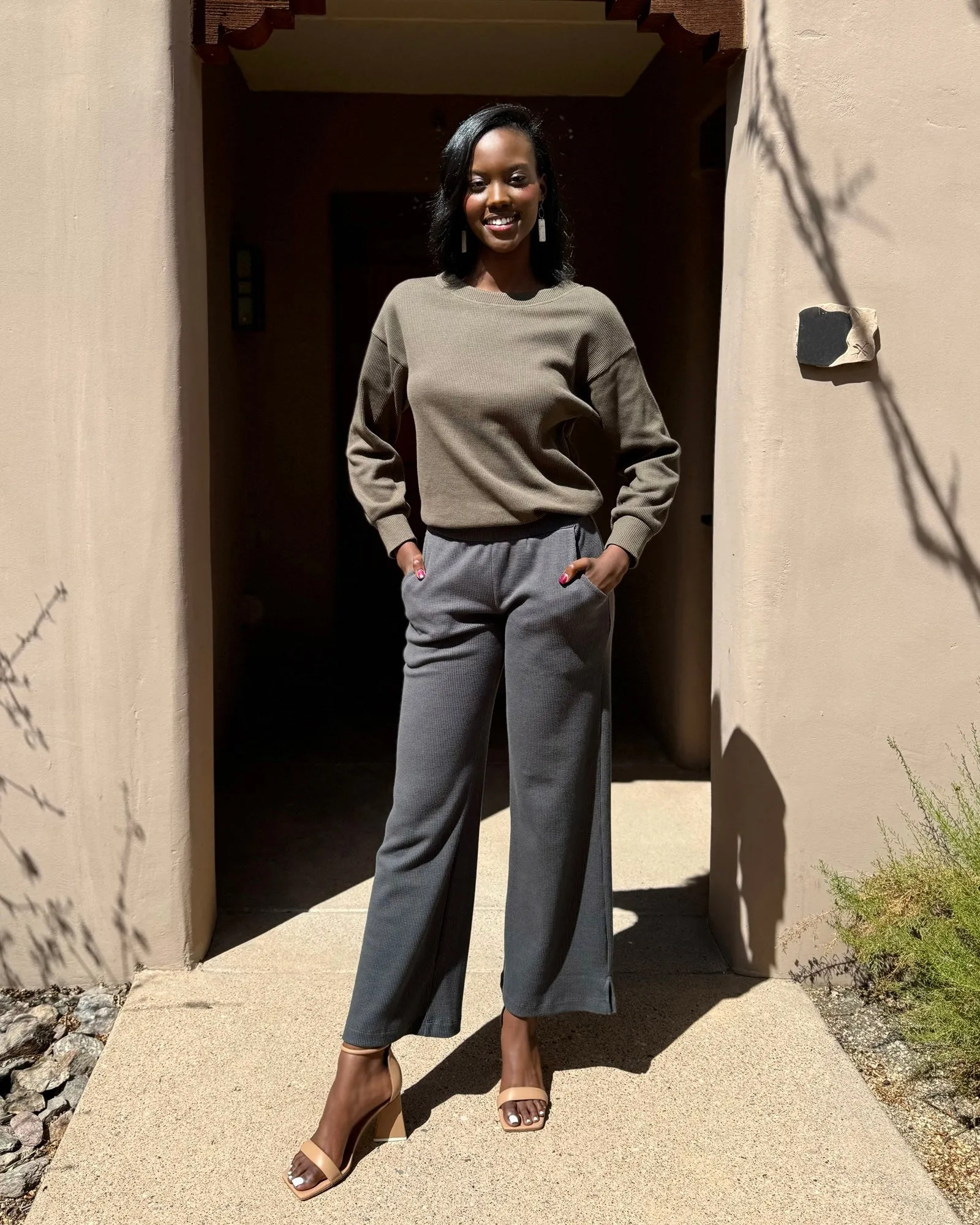 DESERT waffle knit high-rise pants in Charcoal Blue (Tall Length)