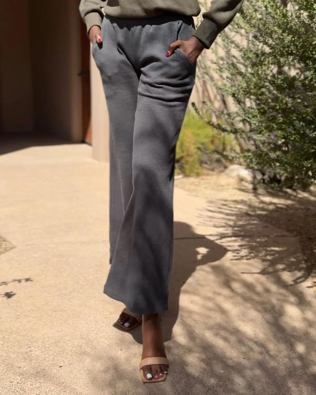 DESERT waffle knit high-rise pants in Charcoal Blue (Tall Length)