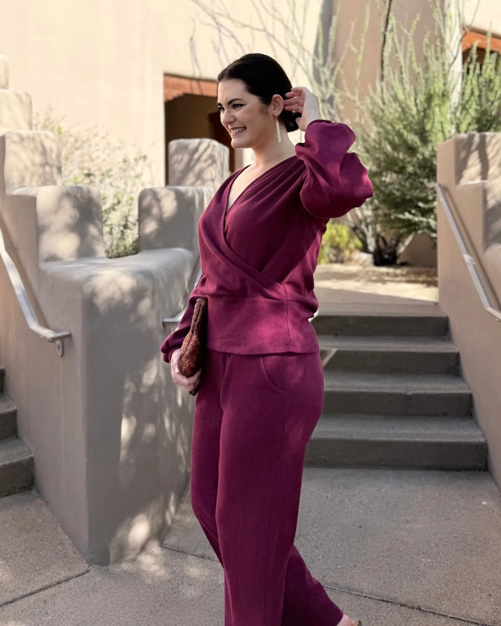 DESERT waffle knit high-rise pants in Raspberry (Tall Length)