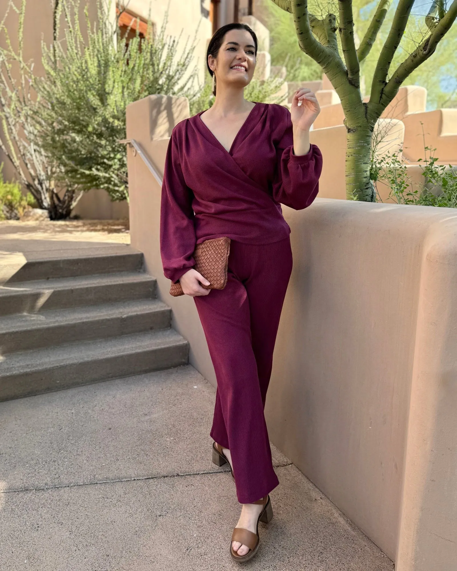 DESERT waffle knit high-rise pants in Raspberry (Tall Length)