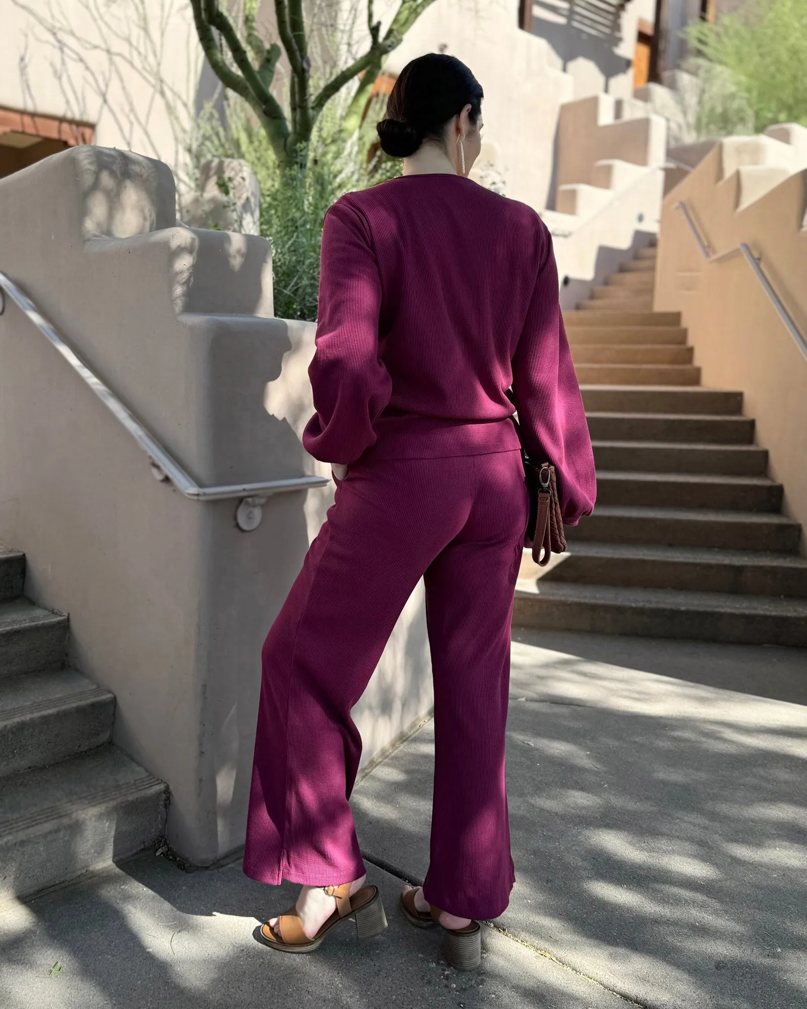 DESERT waffle knit high-rise pants in Raspberry (Tall Length)