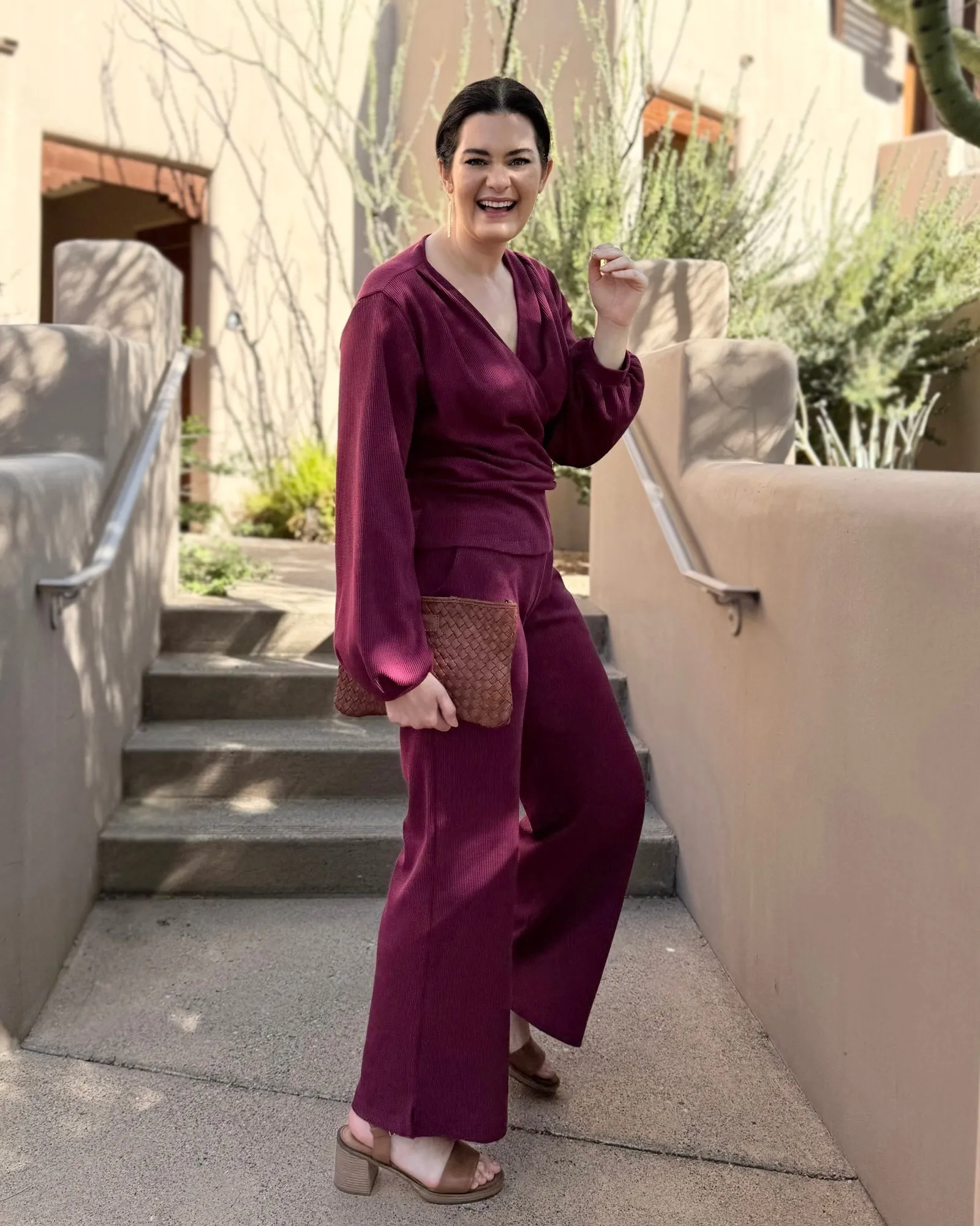 DESERT waffle knit high-rise pants in Raspberry (Tall Length)