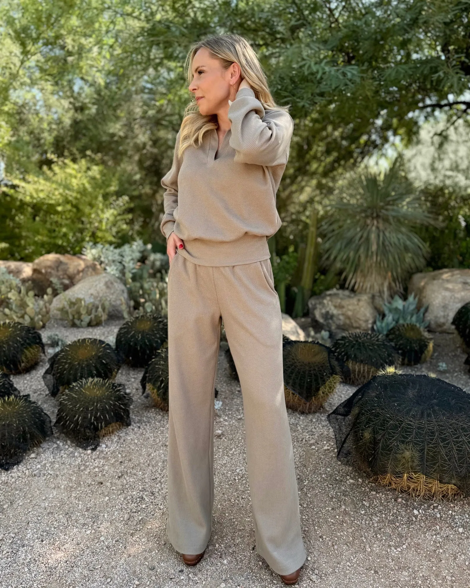 DESERT waffle knit high-rise pants in Taupe Grey (Regular Length)