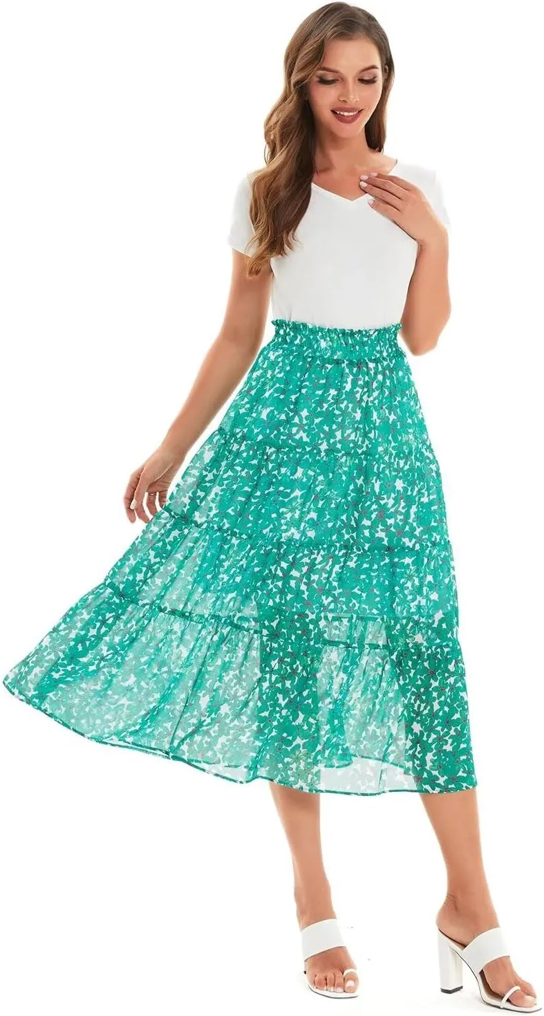 DIASHINY Women's Boho Printed High Waist Pleated Layered Elastic Waist A Line Long Skirt