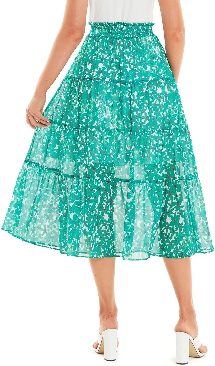 DIASHINY Women's Boho Printed High Waist Pleated Layered Elastic Waist A Line Long Skirt