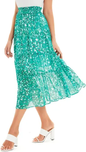 DIASHINY Women's Boho Printed High Waist Pleated Layered Elastic Waist A Line Long Skirt