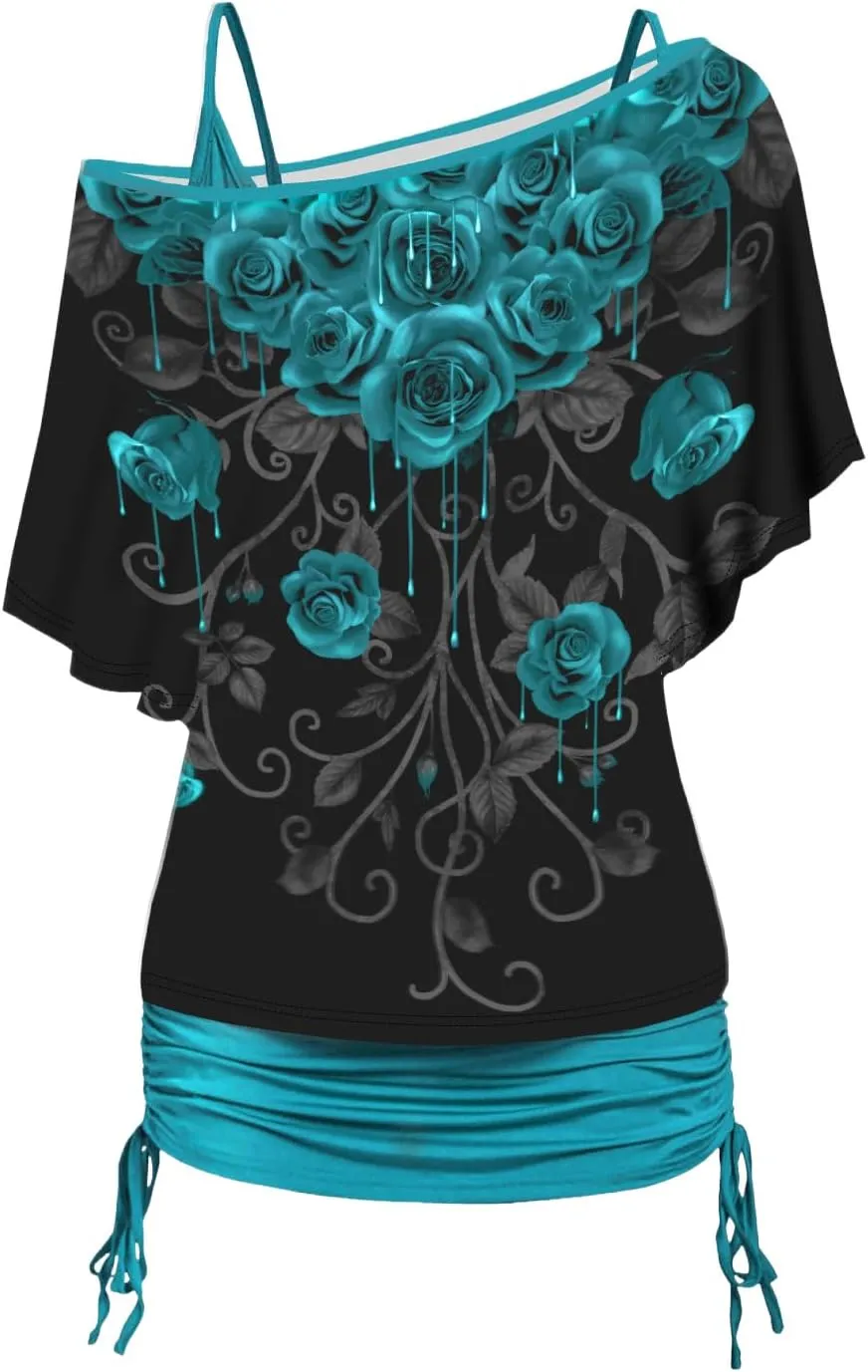 DRESSFO Women's Summer Gothic Print Skew Neck T Shirt Casual Batwing Tops Two Pieces Set