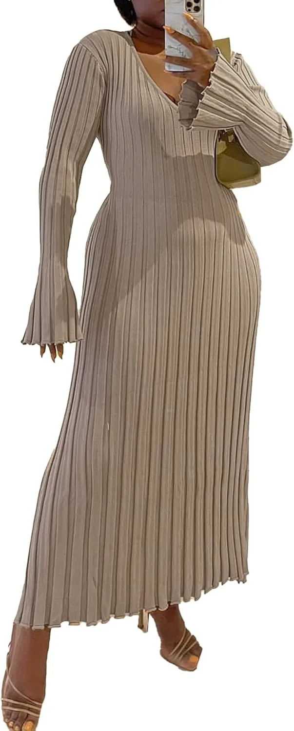 ECDAHICC Women's Sexy Ribbed Knit Sweater Dress Casual Long Sleeve V Neck Bodycon Pleated A Line Long Dress Streetwear
