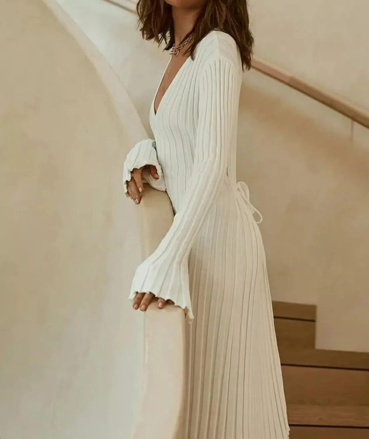 ECDAHICC Women's Sexy Ribbed Knit Sweater Dress Casual Long Sleeve V Neck Bodycon Pleated A Line Long Dress Streetwear