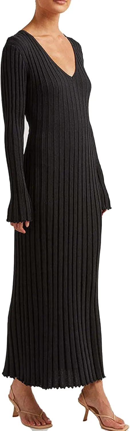 ECDAHICC Women's Sexy Ribbed Knit Sweater Dress Casual Long Sleeve V Neck Bodycon Pleated A Line Long Dress Streetwear