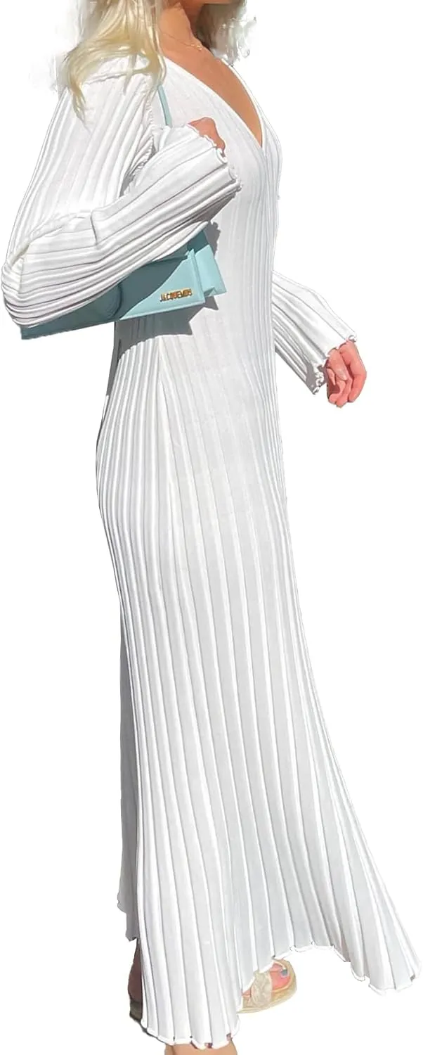 ECDAHICC Women's Sexy Ribbed Knit Sweater Dress Casual Long Sleeve V Neck Bodycon Pleated A Line Long Dress Streetwear