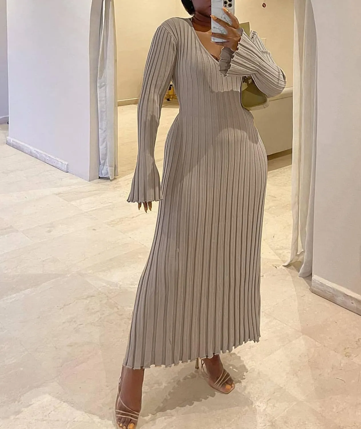 ECDAHICC Women's Sexy Ribbed Knit Sweater Dress Casual Long Sleeve V Neck Bodycon Pleated A Line Long Dress Streetwear