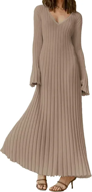ECDAHICC Women's Sexy Ribbed Knit Sweater Dress Casual Long Sleeve V Neck Bodycon Pleated A Line Long Dress Streetwear