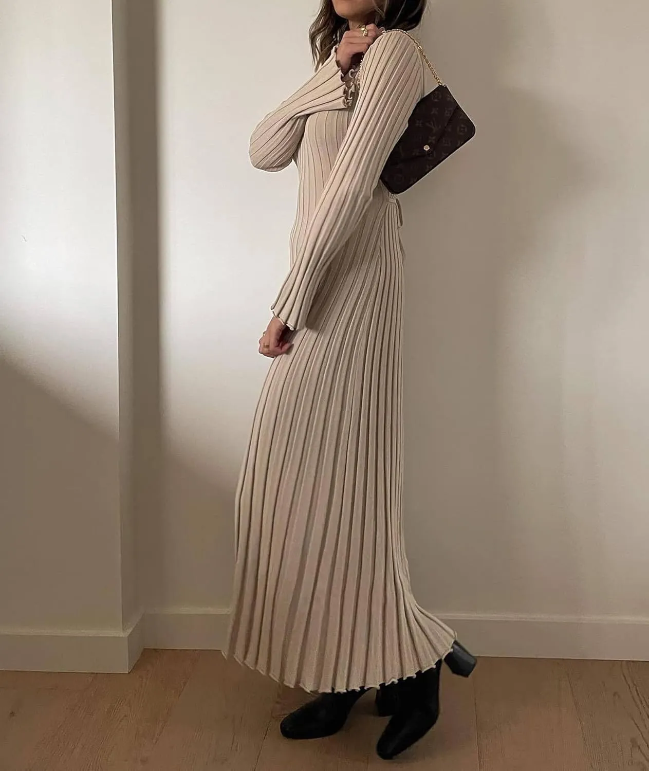 ECDAHICC Women's Sexy Ribbed Knit Sweater Dress Casual Long Sleeve V Neck Bodycon Pleated A Line Long Dress Streetwear